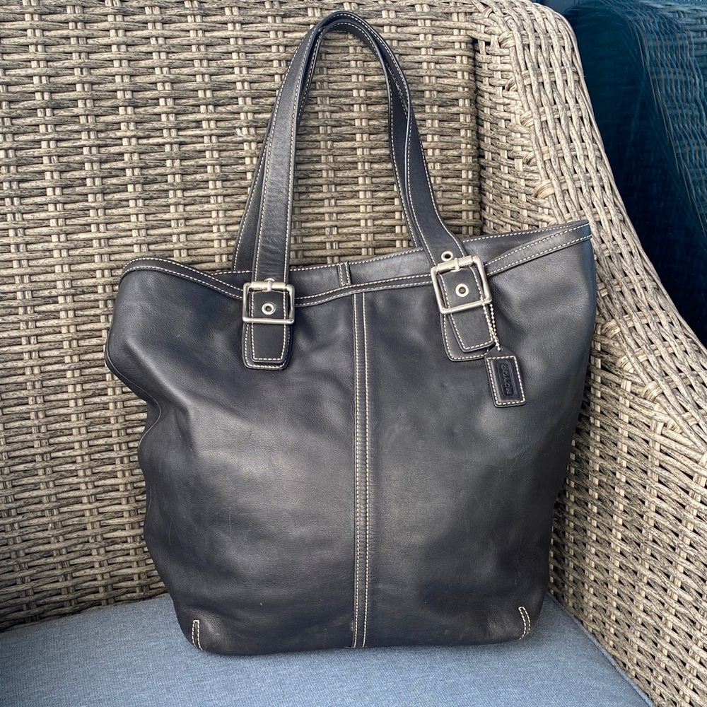 Vintage Coach Black Leather Hamptons Tote Bag